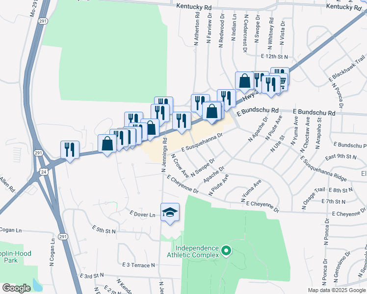 map of restaurants, bars, coffee shops, grocery stores, and more near 17310 East Susquehanna Drive in Independence