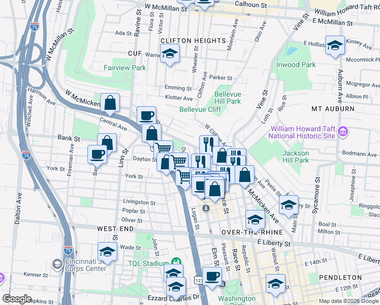 map of restaurants, bars, coffee shops, grocery stores, and more near 2022 Elm Street in Cincinnati