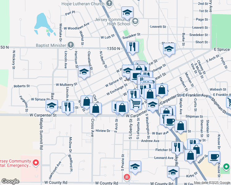 map of restaurants, bars, coffee shops, grocery stores, and more near 108 North Liberty Street in Jerseyville