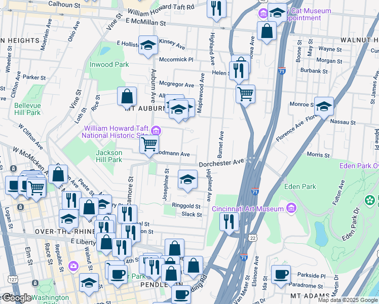 map of restaurants, bars, coffee shops, grocery stores, and more near 282 Bodmann Avenue in Cincinnati