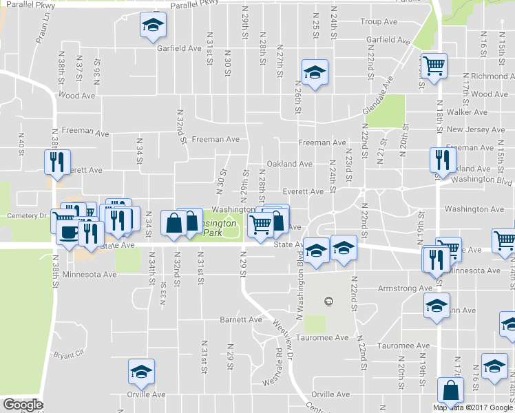 map of restaurants, bars, coffee shops, grocery stores, and more near 1300 North 28th Street in Kansas City