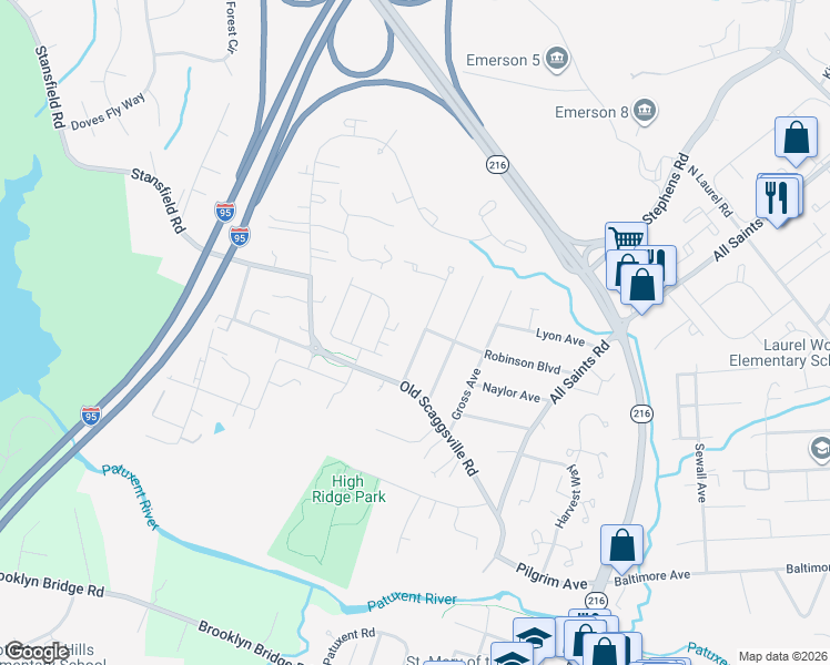 map of restaurants, bars, coffee shops, grocery stores, and more near 9142 Bryant Avenue in Laurel