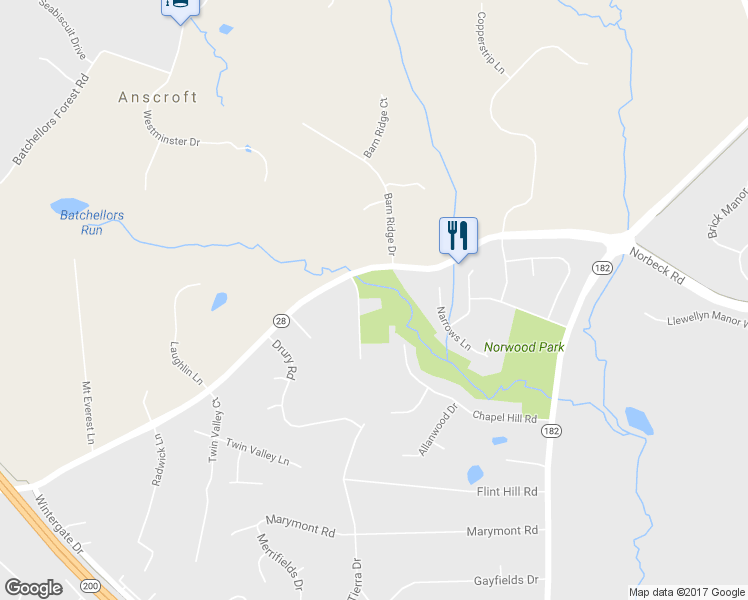 map of restaurants, bars, coffee shops, grocery stores, and more near 2100 Norbeck Road in Silver Spring