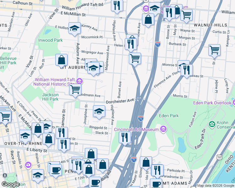 map of restaurants, bars, coffee shops, grocery stores, and more near 2014 Burnet Avenue in Cincinnati