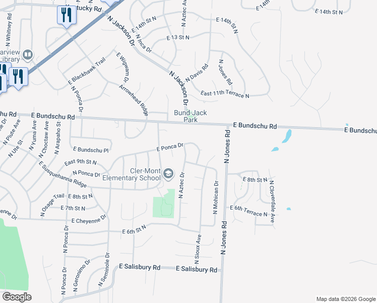 map of restaurants, bars, coffee shops, grocery stores, and more near 853 North Aztec Drive in Independence