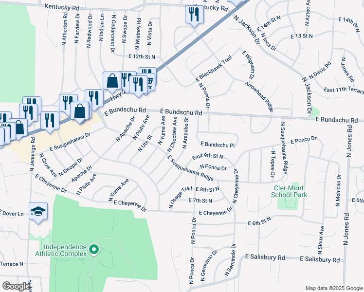 map of restaurants, bars, coffee shops, grocery stores, and more near 832 North Arapaho Street in Independence