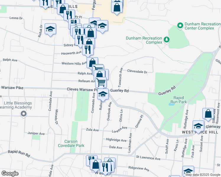 map of restaurants, bars, coffee shops, grocery stores, and more near 4878 Guerley Road in Cincinnati