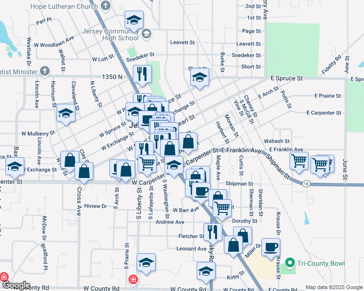 map of restaurants, bars, coffee shops, grocery stores, and more near 205 South Jefferson Street in Jerseyville