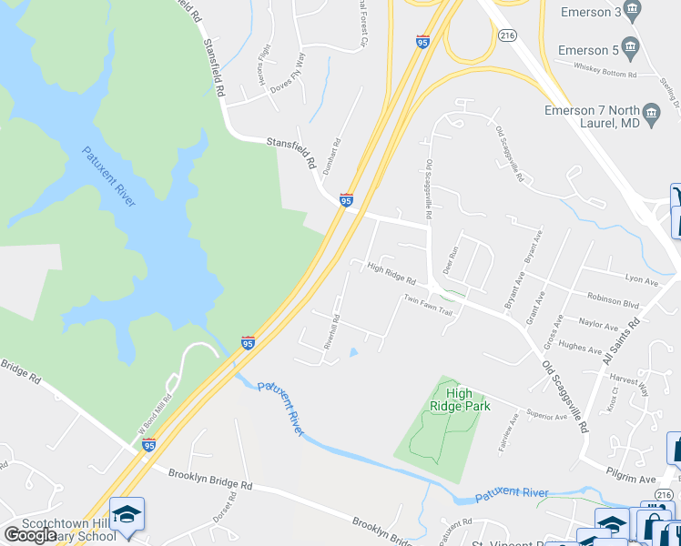map of restaurants, bars, coffee shops, grocery stores, and more near 9147 Riverhill Road in Laurel