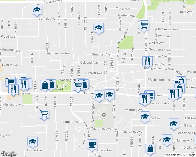map of restaurants, bars, coffee shops, grocery stores, and more near 1301 North 25 Street in Kansas City