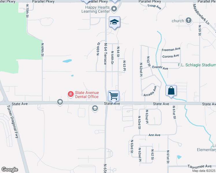 map of restaurants, bars, coffee shops, grocery stores, and more near 1303 North 64 Terrace in Kansas City