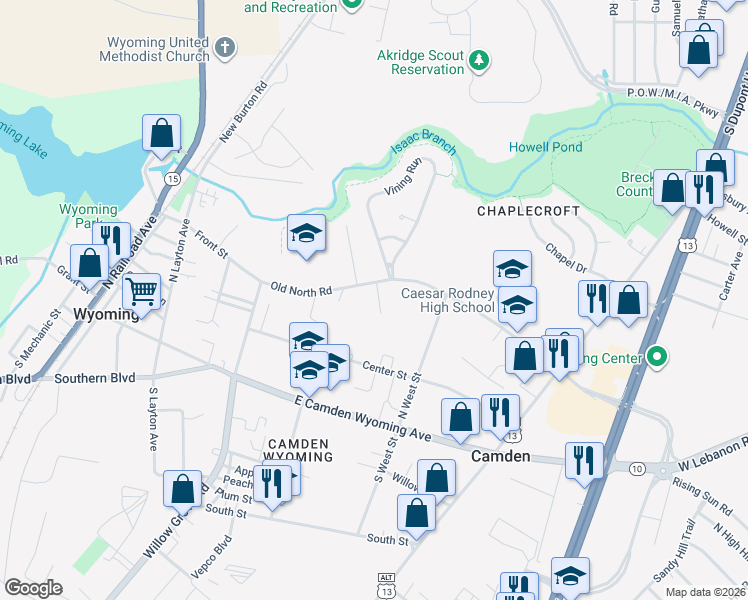 map of restaurants, bars, coffee shops, grocery stores, and more near 104 Thornley Drive in Camden