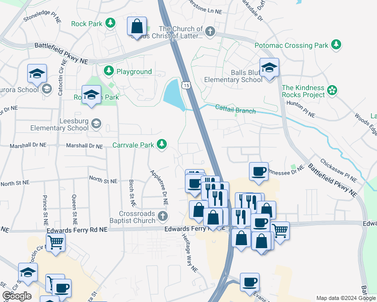 map of restaurants, bars, coffee shops, grocery stores, and more near 1130 Huntmaster Terrace Northeast in Leesburg