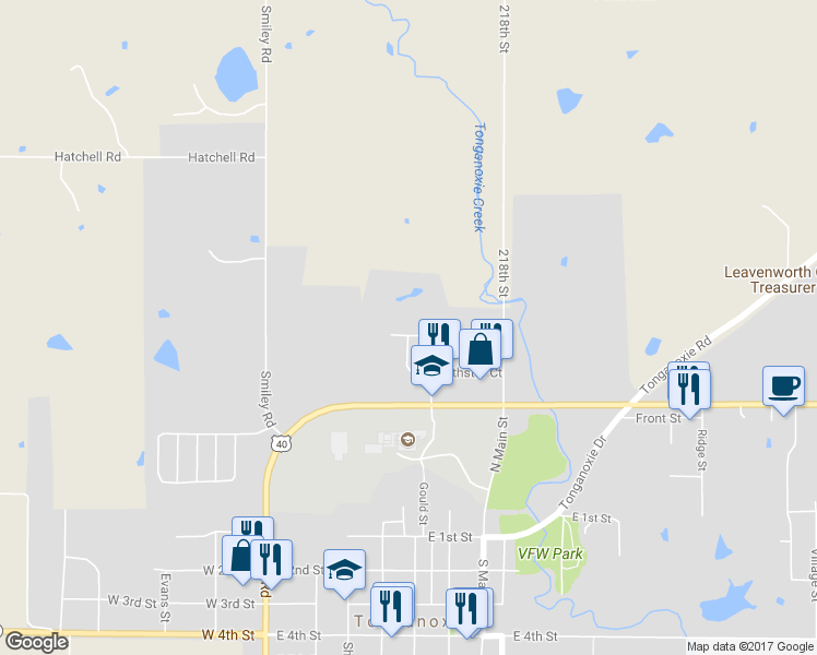 map of restaurants, bars, coffee shops, grocery stores, and more near 495 Myers Drive in Tonganoxie