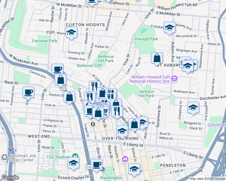 map of restaurants, bars, coffee shops, grocery stores, and more near in Cincinnati
