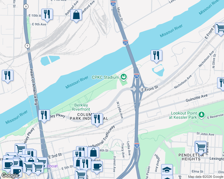 map of restaurants, bars, coffee shops, grocery stores, and more near 1401 Riverfront Drive in Kansas City