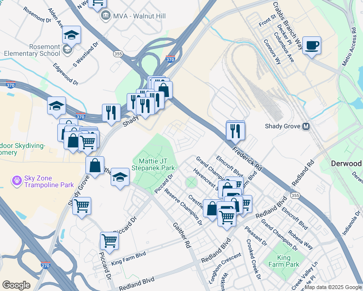 map of restaurants, bars, coffee shops, grocery stores, and more near 3562 Margaret Jones Place in Rockville