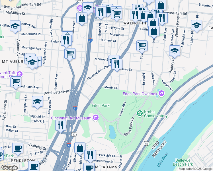 map of restaurants, bars, coffee shops, grocery stores, and more near 922 Morris Street in Cincinnati