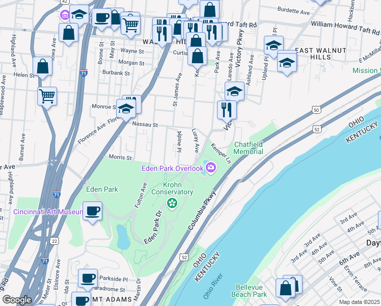 map of restaurants, bars, coffee shops, grocery stores, and more near 2108 Alpine Place in Cincinnati