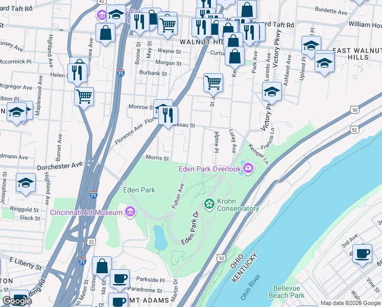 map of restaurants, bars, coffee shops, grocery stores, and more near 2108 Fulton Avenue in Cincinnati