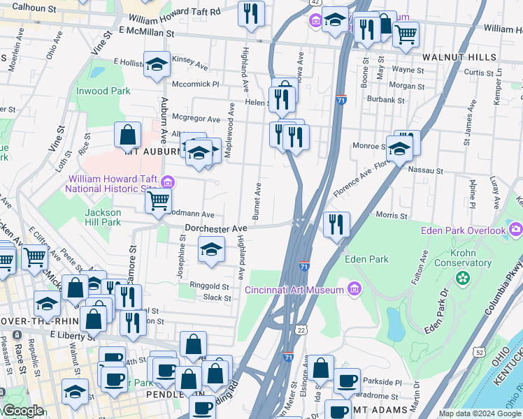 map of restaurants, bars, coffee shops, grocery stores, and more near 2014 Burnet Avenue in Cincinnati