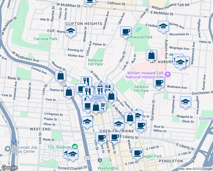 map of restaurants, bars, coffee shops, grocery stores, and more near in Cincinnati