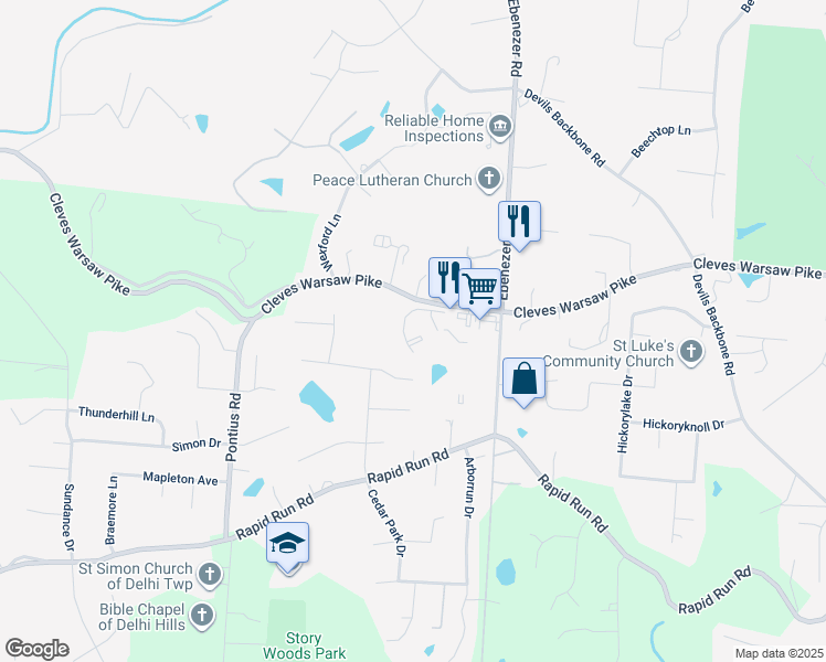 map of restaurants, bars, coffee shops, grocery stores, and more near 6210 Cleves Warsaw Pike in Cincinnati