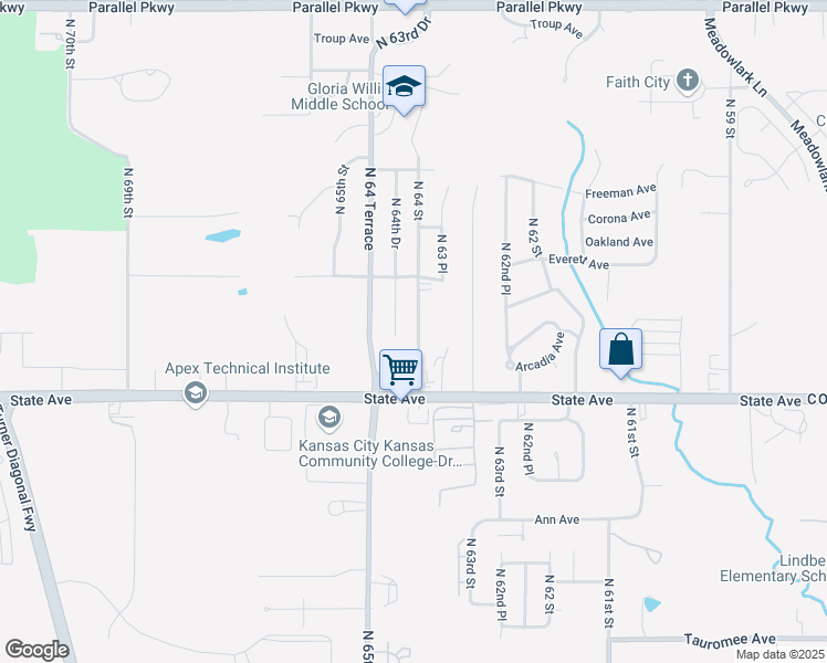 map of restaurants, bars, coffee shops, grocery stores, and more near 1217 North 64th Street in Kansas City