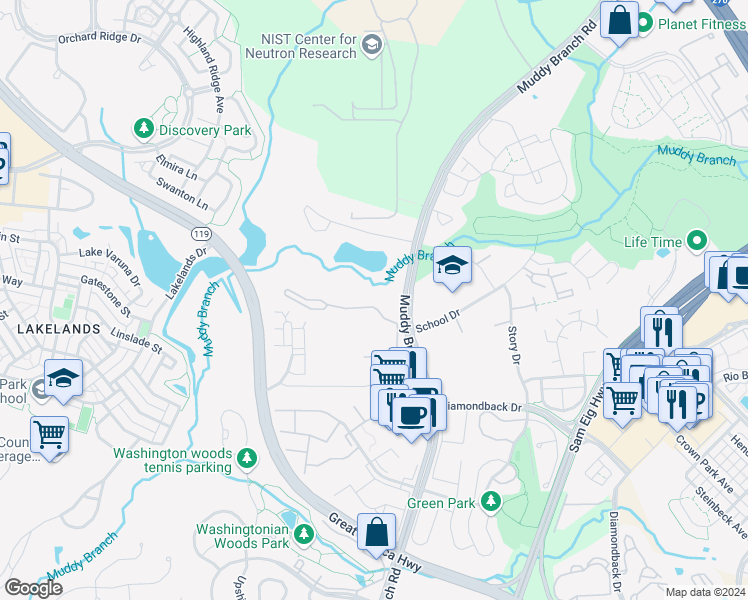 map of restaurants, bars, coffee shops, grocery stores, and more near 109 School Drive in Gaithersburg