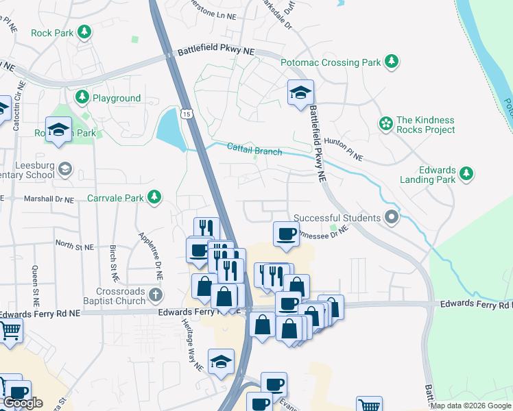 map of restaurants, bars, coffee shops, grocery stores, and more near 1135 Keokuk Terrace Northeast in Leesburg