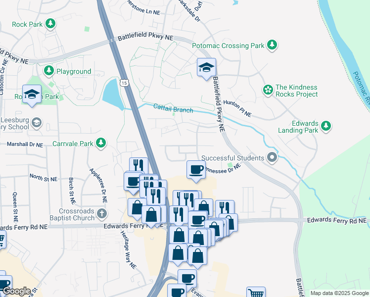 map of restaurants, bars, coffee shops, grocery stores, and more near 1117 Keokuk Terrace Northeast in Leesburg