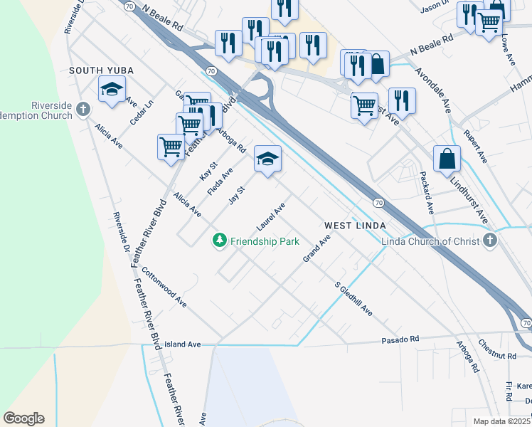 map of restaurants, bars, coffee shops, grocery stores, and more near 1089 Laurel Avenue in Olivehurst