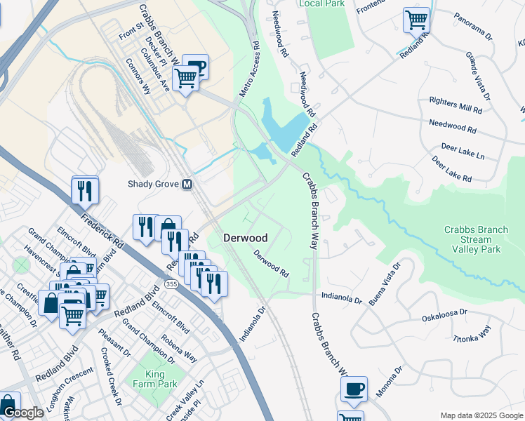 map of restaurants, bars, coffee shops, grocery stores, and more near 16011 Chieftain Avenue in Derwood