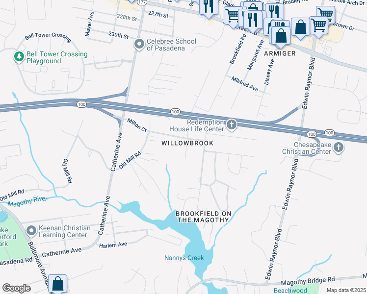 map of restaurants, bars, coffee shops, grocery stores, and more near 1204 Will O Brook Drive in Pasadena