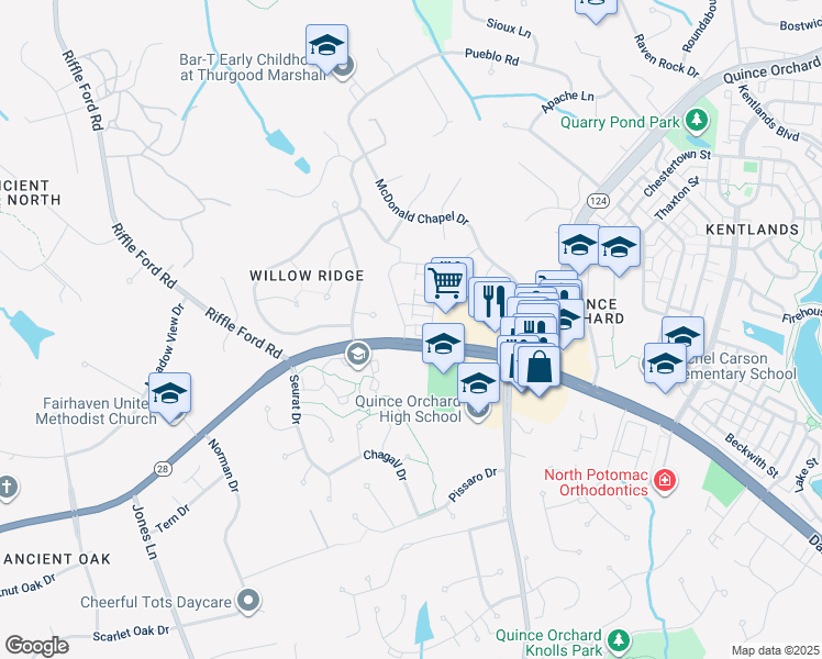 map of restaurants, bars, coffee shops, grocery stores, and more near 115 Johnson Meadow Street in Gaithersburg