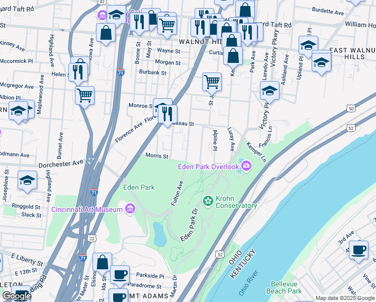 map of restaurants, bars, coffee shops, grocery stores, and more near 2109 Fulton Avenue in Cincinnati