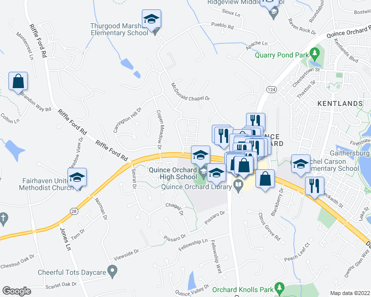 map of restaurants, bars, coffee shops, grocery stores, and more near 115 Johnson Meadow Street in Gaithersburg
