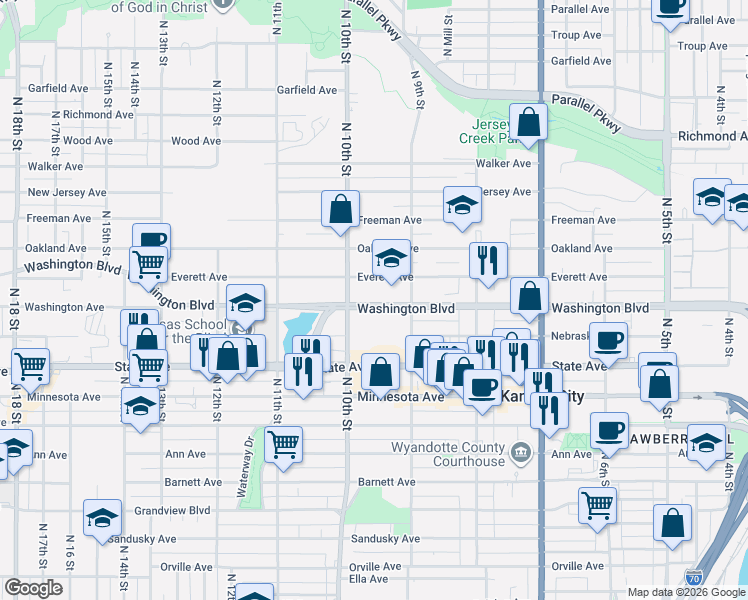 map of restaurants, bars, coffee shops, grocery stores, and more near 934 Washington Boulevard in Kansas City