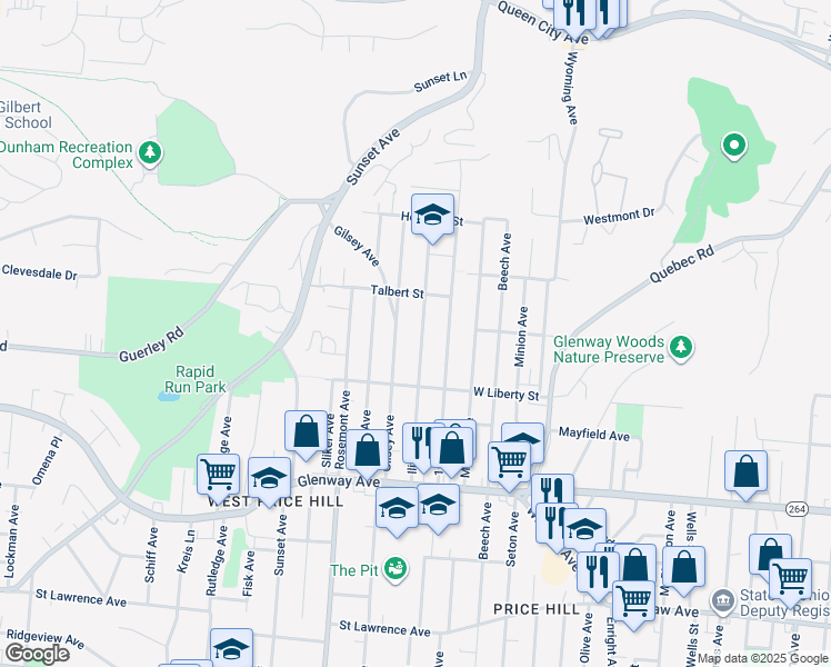 map of restaurants, bars, coffee shops, grocery stores, and more near 1638 Gilsey Avenue in Cincinnati