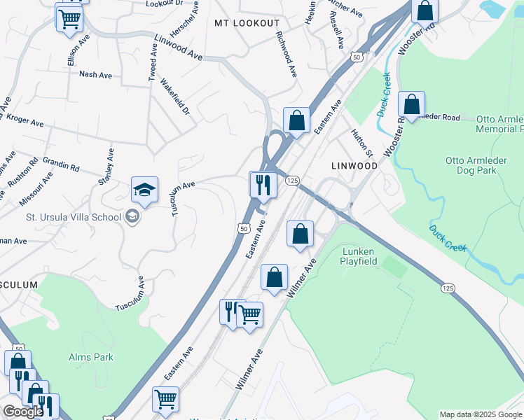 map of restaurants, bars, coffee shops, grocery stores, and more near 4628 Eastern Avenue in Cincinnati