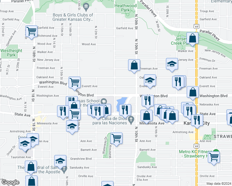 map of restaurants, bars, coffee shops, grocery stores, and more near 1060 Washington Boulevard in Kansas City