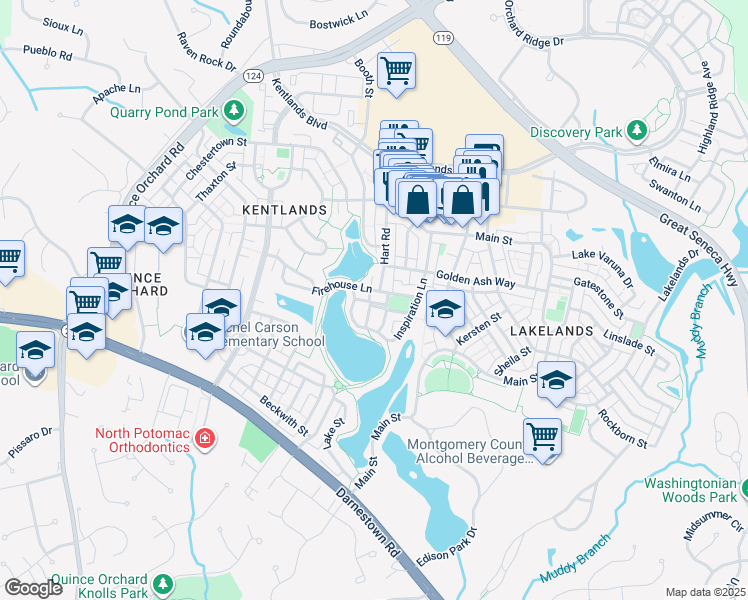 map of restaurants, bars, coffee shops, grocery stores, and more near 331 Kent Square Road in Gaithersburg