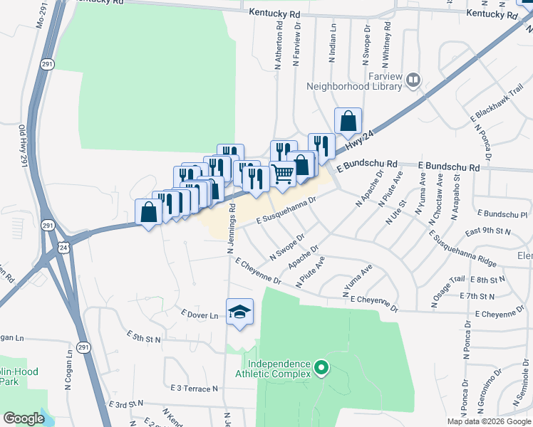map of restaurants, bars, coffee shops, grocery stores, and more near 813 North Pawnee Avenue in Independence