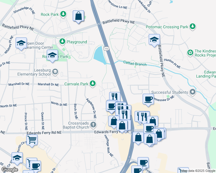 map of restaurants, bars, coffee shops, grocery stores, and more near 1124 Huntmaster Terrace Northeast in Leesburg