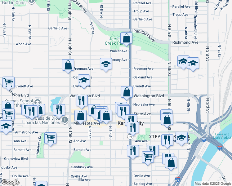 map of restaurants, bars, coffee shops, grocery stores, and more near 741 Washington Boulevard in Kansas City