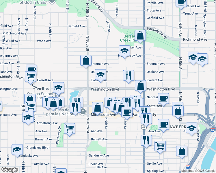 map of restaurants, bars, coffee shops, grocery stores, and more near 852 Washington Boulevard in Kansas City