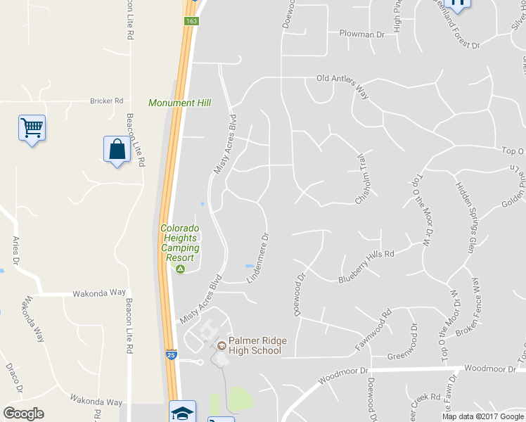 map of restaurants, bars, coffee shops, grocery stores, and more near 19803 Lindenmere Drive in Monument