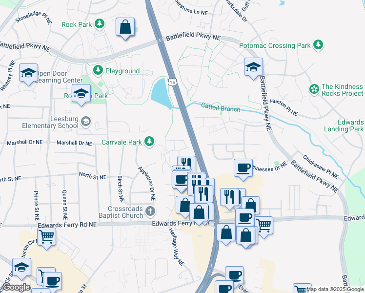 map of restaurants, bars, coffee shops, grocery stores, and more near 1117 Huntmaster Terrace Northeast in Leesburg