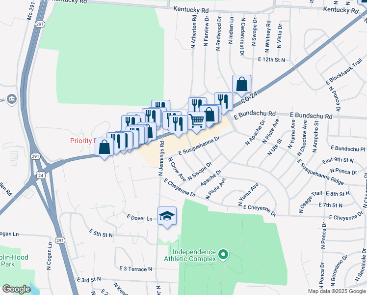 map of restaurants, bars, coffee shops, grocery stores, and more near 17314 East Susquehanna Drive in Independence