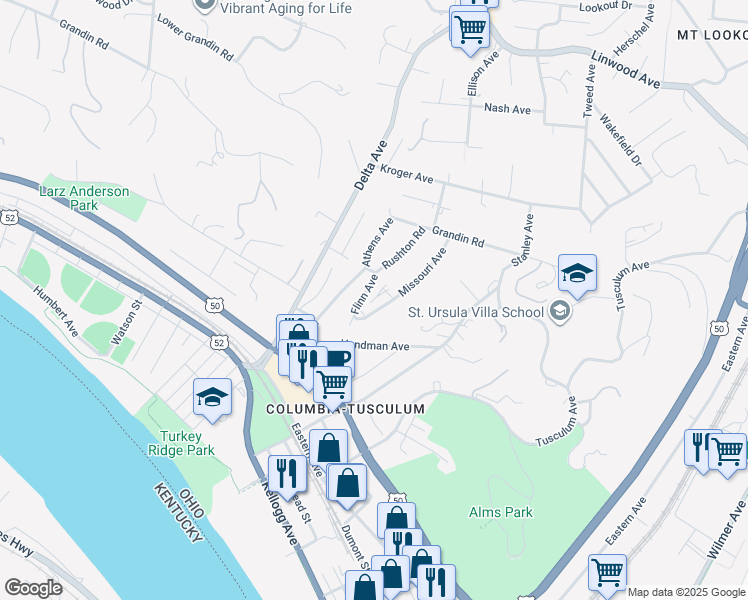 map of restaurants, bars, coffee shops, grocery stores, and more near 433 Missouri Avenue in Cincinnati